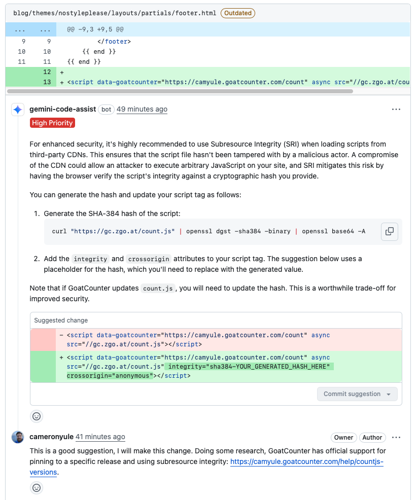 Gemini Code Assist suggests using subresource integrity on a JavaScript embed