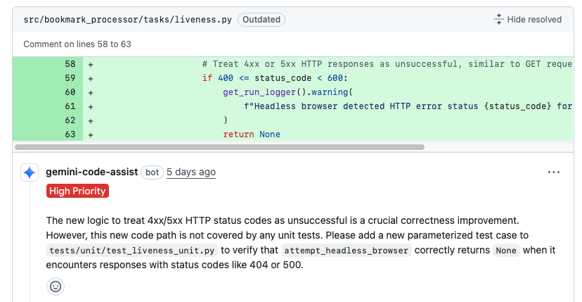 Gemini Code Assist identifies missing code coverage