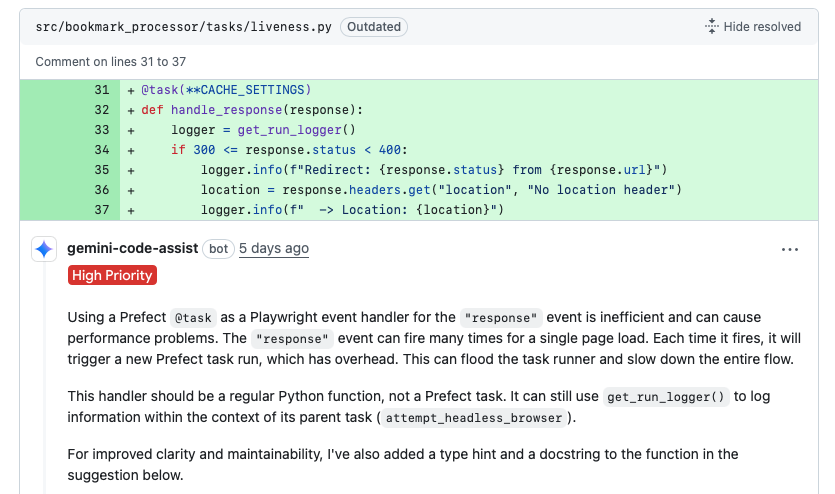 Gemini Code Assist PR identifies a performance regression