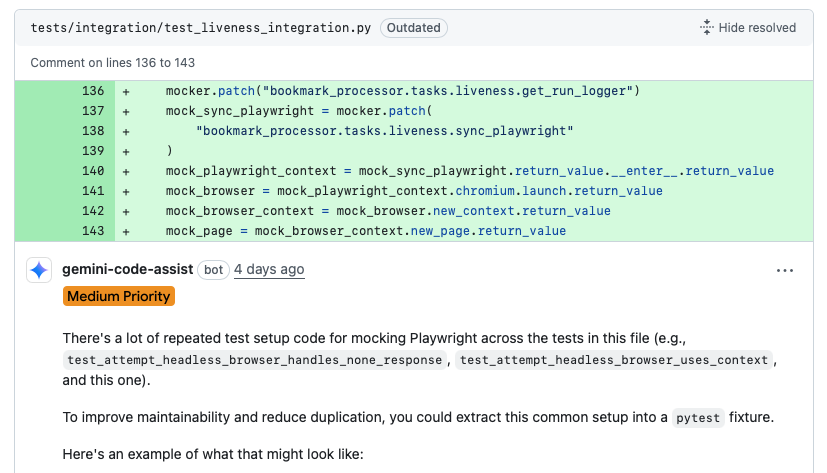 Gemini Code Assist PR recommends refactoring tests for maintainability